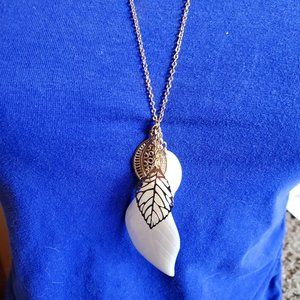 26" Long Gold Tone Mother or Pearl Leaf Necklace